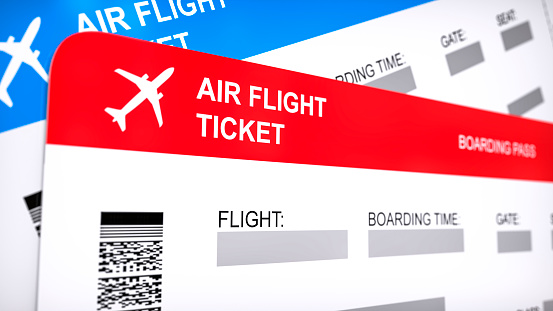 Two airline, air flight tickets. Red and blue boarding pass, close up 3d renderi isolated on white background