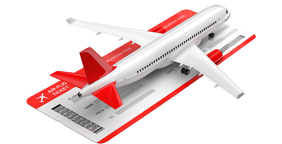 Commercial airplane, airliner with air flight tickets . Passenger plane with a red tail wing, take Off. 3D rendering isolated on white background.