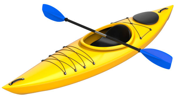istock Yellow plastic kayak with blue paddle. 3D render, isolated on white background. 948539922