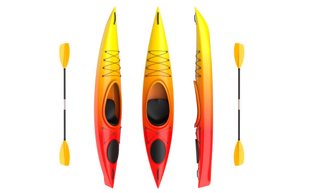 istock Three vertical views of yellow rad crossover kayak with paddle. Whitewater and river running kayak. 3D render, isolated on white background. 948539980