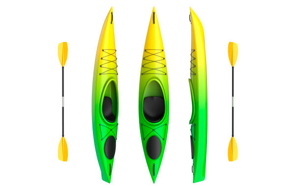 istock Flat vertical views of yellow green crossover kayak with paddle. Whitewater and river running kayak. 3D render, isolated on white background. 948540004