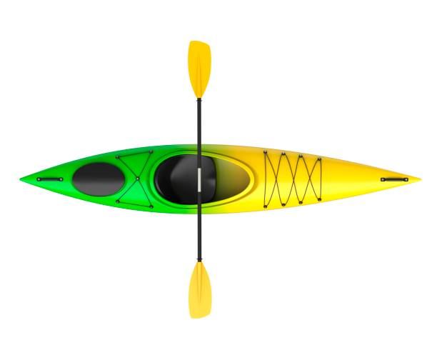 istock Three horizontal view of yellow green crossover kayak with paddle. Whitewater and river running kayak. 3D render, isolated on white background. 948540024