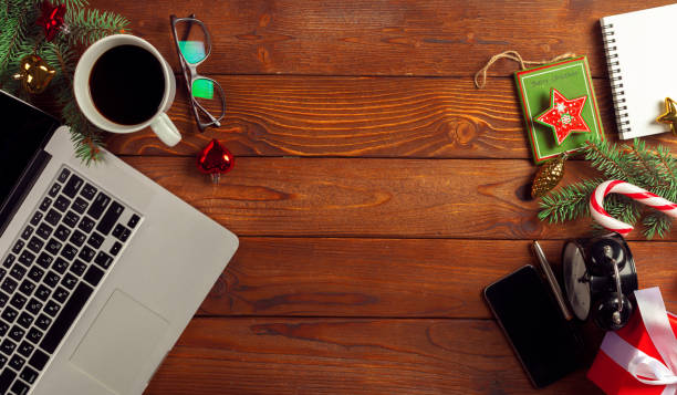 istock Flat lay Christmas decoration Office workplace 948543180