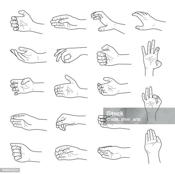 Hand Gestures Contour Sketch Ector Set Stock Illustration - Download Image Now - Hand, Gripping, Reaching