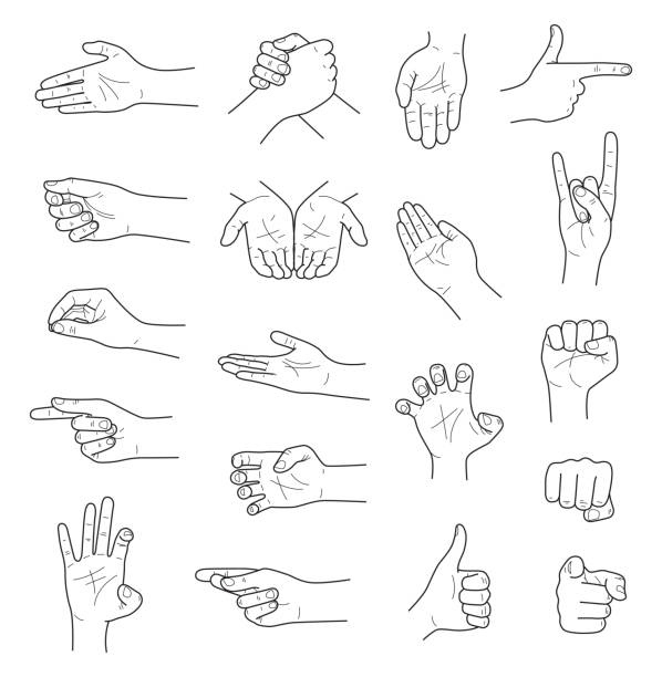 illustrazioni stock, clip art, cartoni animati e icone di tendenza di set di schizzi contorno gesti mani - hand sign