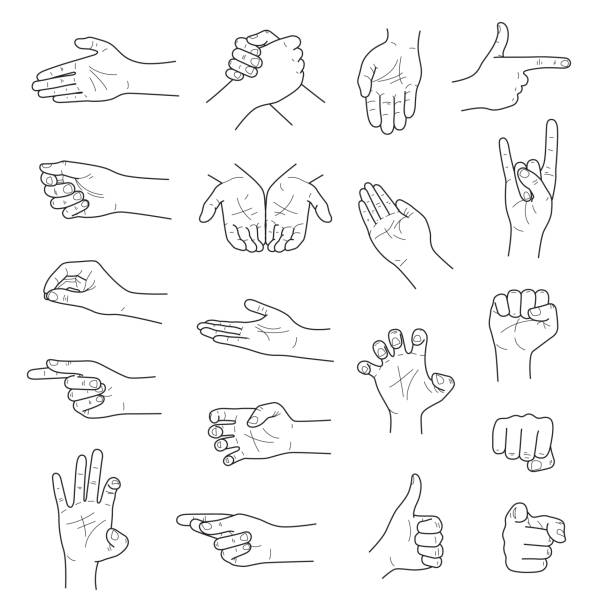 Hand gestures contour sketch ector set Hand gestures contour sketch large vector set hand drawings stock illustrations