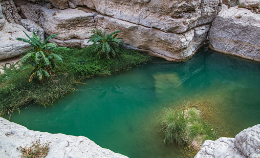 Mountain river Wadi Shab in Oman with emerald green water