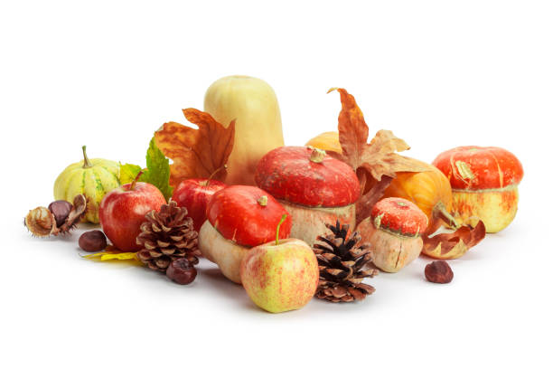 istock Autumn display with pumpkin and leaves isolated on white background 948544432
