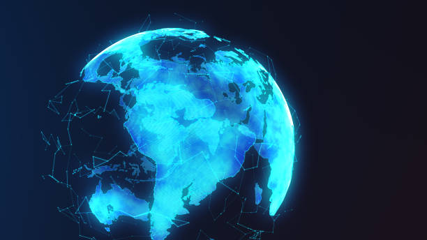 istock Futuristic digital earth with network nodes connecting and circling the globe 948544722