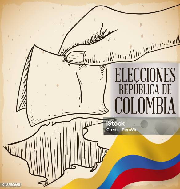 Hand With Electoral Card And Flag Promoting To Vote In Colombian Elections Stock Illustration - Download Image Now