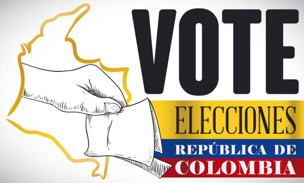 ilustrações de stock, clip art, desenhos animados e ícones de colombian map outline and hand promoting vote in elections - the americas latin american and hispanic ethnicity map latin america