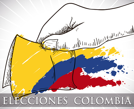 Hand drawn design with hand holding electoral paper and brushstrokes like Colombia flag for Colombian Elections event (written in Spanish).