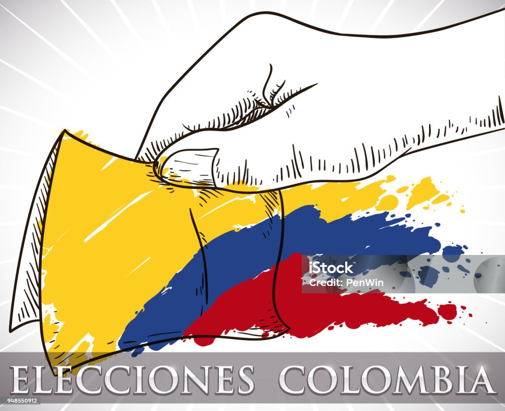 Tricolor Brushstrokes over Hand with Electoral Card for Colombian Elections Hand drawn design with hand holding electoral paper and brushstrokes like Colombia flag for Colombian Elections event (written in Spanish). Colombia stock vector