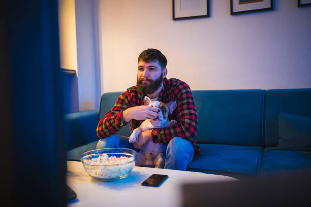 istock Young bearded men watching sport on television with his dog 948556546