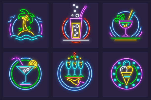 Set of neon icons beach cocktails tequila Set of Neon Icons. Beach cocktails tequila, wine, and mojito in glass goblets, ice cream, palms and sea made of neon lamps with illumination. EPS10 vector illustration. neon sign ice cream stock illustrations