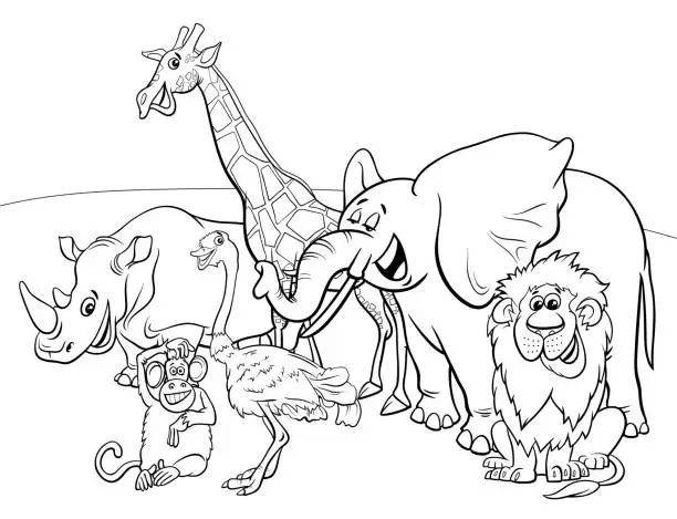 Vector illustration of cartoon safari animal characters coloring book