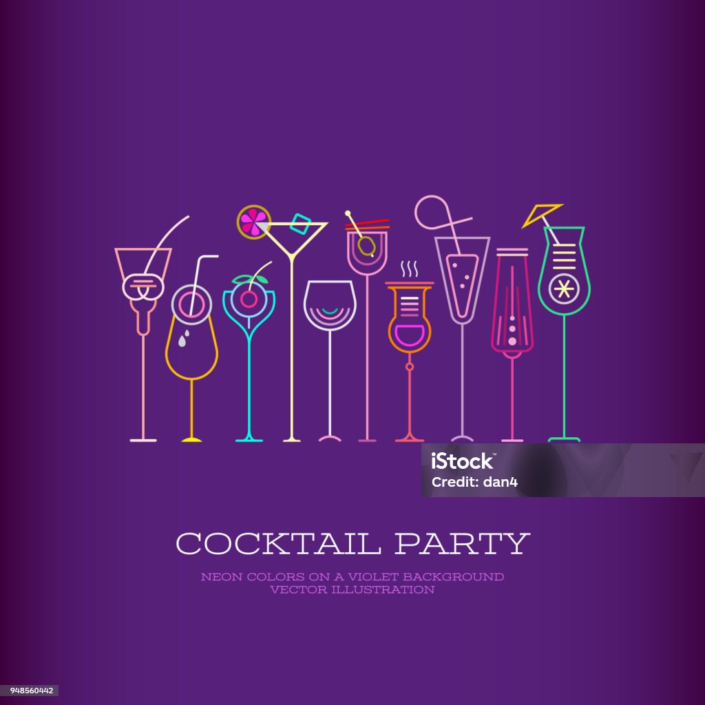Cocktail Party vector poster design Neon colors on a dark violet background Cocktail Party vector poster template design. Ten different cocktail glasses and Cocktail Party text. Cocktail Party stock vector