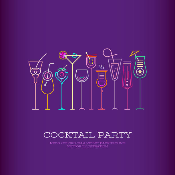 Cocktail Party vector poster design Neon colors on a dark violet background Cocktail Party vector poster template design. Ten different cocktail glasses and Cocktail Party text. cocktail party stock illustrations