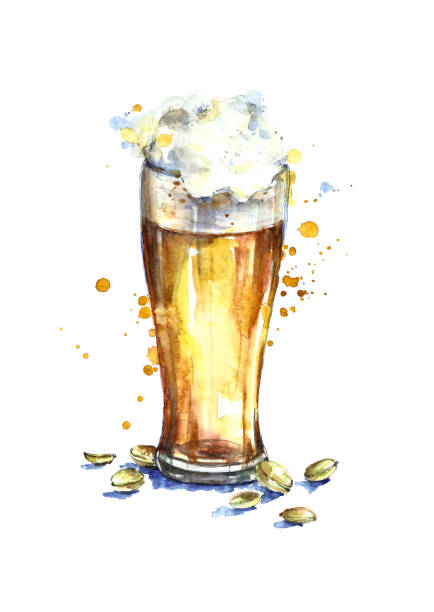 beer glass Watercolor beer glass with pistachios. water colour beer hops stock illustrations