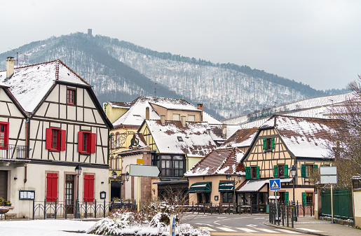 Traditional houses in Ribeauville, a town at the foot of the Vosges Mountains. Grand Est region of France