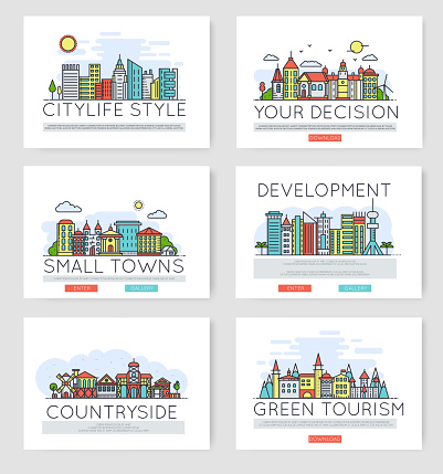 Set of city skylines and suburban different buildings in skyline.  Thin line vector illustration design concept.