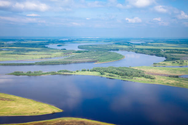 istock Big river in flooding period, top view 948576254