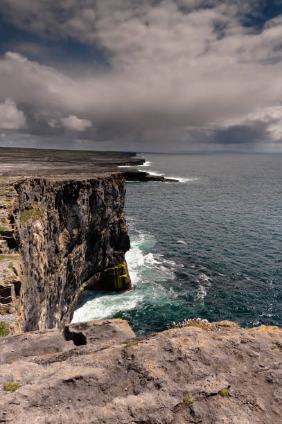 View east, southeast from the Cliff Edge of the Ancient fort wall of Dun Aonghasa (Dun Aengus) with Sea Campion, Inishmore, Aran Islands, County Galway, Ireland Breaking waves,  turquoise sea below the dramatic cliffs of the ancient fort Dun Aonghasa (Dun Aengus), in the distance the karst landscape of Inishmore with clouds of an approaching storm over Galway Bay.  Aran Islands, County Galway, Ireland. michael stephen wills aran stock pictures, royalty-free photos & images