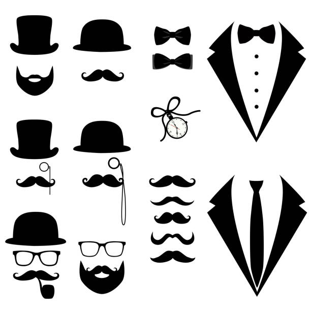 illustrations, cliparts, dessins animés et icônes de smoking masculin. moustache, lunettes, barbe, pipe et chapeau haut de forme. - monocle