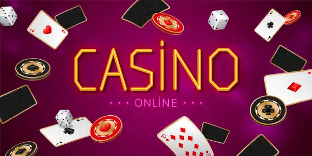 Vector illustration of Casino online banner with aces playing cards, chips and dices