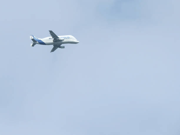 Wrexham, UK - May 23, 2015: Airbus super transporter Beluga 1. Outsized cargo carrying plane with distinctive bulbous shape. Flying low over Wrexham before landing at Hawarden Airport. Copy space.