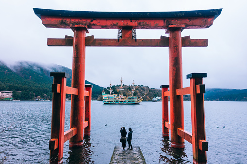 Hiroshima, Japan –May 1, 2014: This is the torii gate of Itsukushima Shrine in Hiroshima, Japan.It is located in Miyajima, Hatsukaichi City, Hiroshima Prefecture. There are two torii gates, one is the \