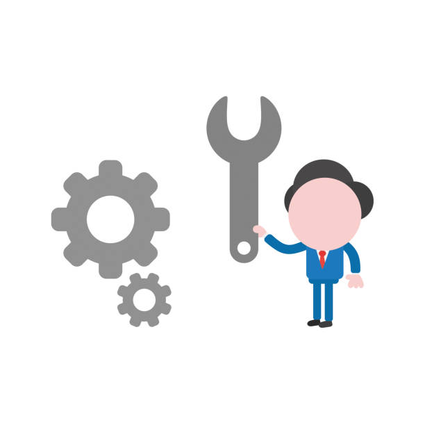 istock Vector illustration businessman character holding spanner to repair gears 948595088