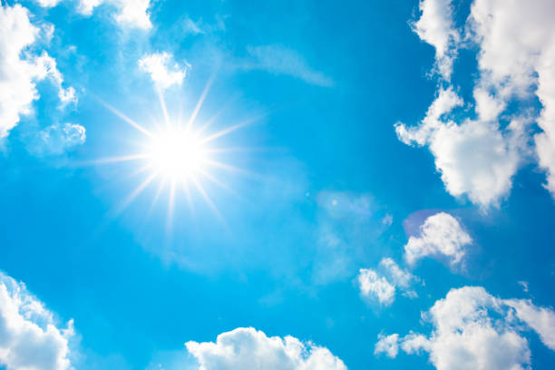 Summer background, wonderful blue sky with bright sun and white clouds