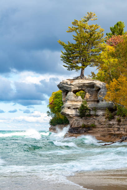 Chapel Rock and Tree on Lake Superior, Pictured Rocks Michigan stock photo