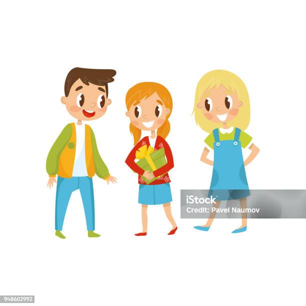 Trẻ Em Trong Bữa Tiệc Sinh Nhật Cô Gái Cầm Hộp Quà Tặng Vector ...