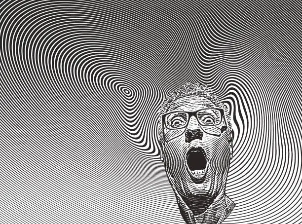 Vector illustration of Mans head with shocked facial expression and halftone pattern