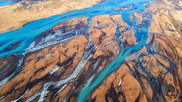 istock Aerial view and top view river in Iceland. Beautiful natural backdrop. 948614280