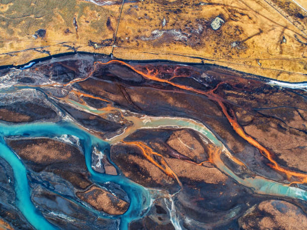 istock Aerial view and top view river in Iceland. Beautiful natural backdrop. 948614292