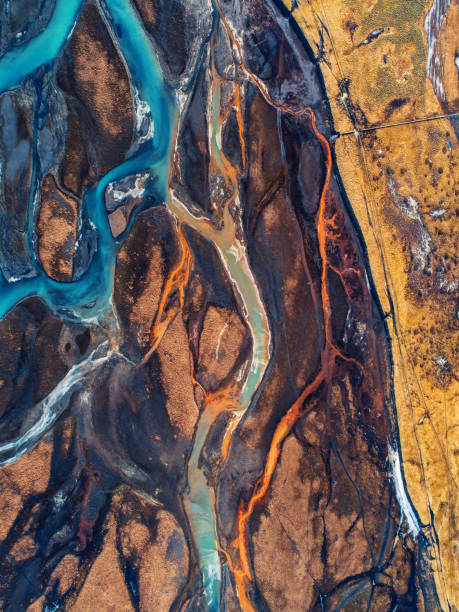 istock Aerial view and top view river in Iceland. Beautiful natural backdrop. 948614318