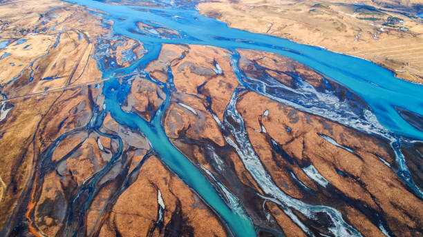istock Aerial view and top view river in Iceland. Beautiful natural backdrop. 948614324