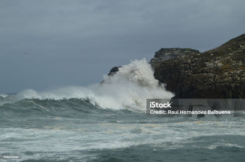 Wonderful Snapshots Taken In The Port Of Lekeitio Of Huracan Hugo Breaking Its Waves Against The Port And The Rocks Of The Place. Wonderful Snapshots Taken In The Port Of Lekeitio Of Huracan Hugo Breaking Its Waves Against The Port And The Rocks Of The Place. March 24, 2018. Cantabrian Sea Nature Landscapes. Lekeitio Vizcaya Basque Country Spain. Beach Stock Photo