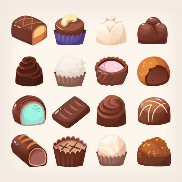 Vector illustration of Wide selection of chocolate sweets of various forms with different fillings and toppings. Isolated vector images.