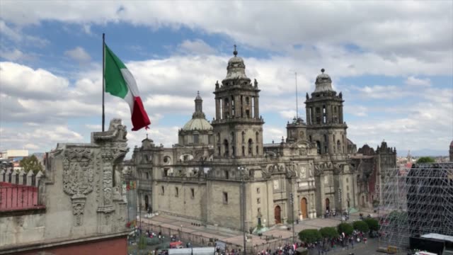 Mexican Flag and Cathedral In Mexico