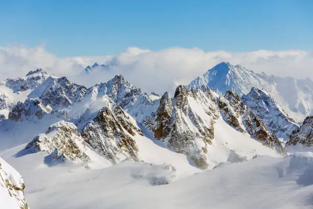 A wintertime view from Mt. Titlis in Switzerland. The Titlis is a mountain, located on the border between the Swiss cantons of Obwalden and Bern, it is mostly accessed from the town of Engelberg on its northern side.