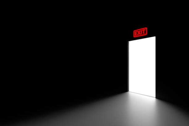 Minimalistic scene with the output from darkness to light. Dark photo style. Mock-up. Minimalistic scene with the output from darkness to light. Dark photo style. Dark room in a corner perspective. Door with a glowing inscription exit. 3d illustration. exit sign stock pictures, royalty-free photos & images