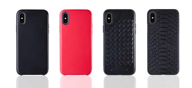 Four Black and Red iphone leather cases on white isolated background, classic iphone design accessories.