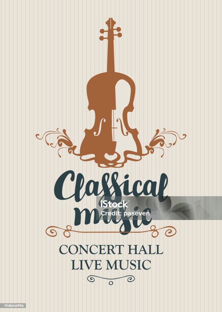 poster for concert of classical music with violin Vector poster for a concert of classical music with calligraphic inscription and violin in retro style Orchestra stock vector