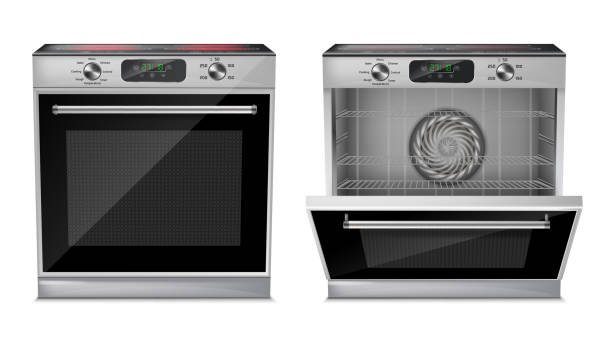 Vector realistic oven with induction cooktop Vector 3d realistic compact oven with induction cooktop, with pre-set cooking programs, with open and close door, front view isolated on background. Built-in household appliance, modern stove oven door stock illustrations