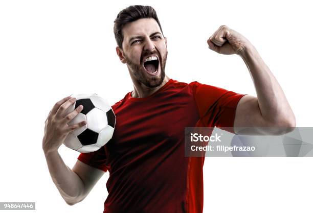 Fan Sport Player On Red Uniform Celebrating On White Background Stock Photo - Download Image Now
