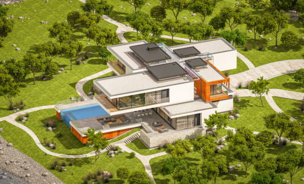 istock 3d rendering of modern cozy house by the river 948648352